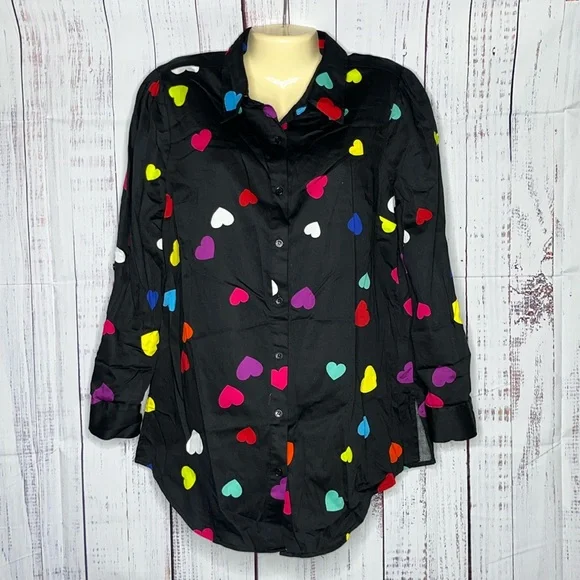 New York & Company NWT Size L Black - Heart Print Button Down Shirt Top - Picture 1 of 3